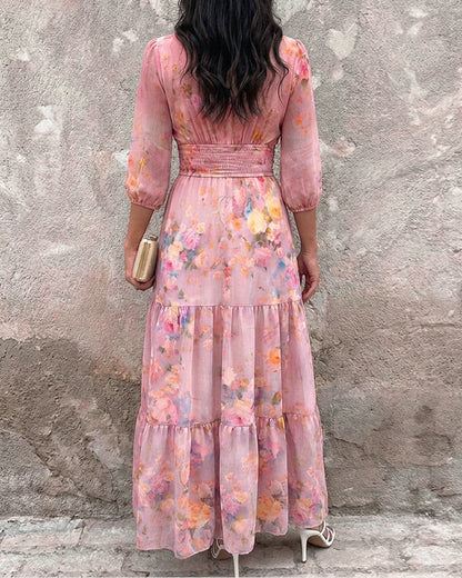 CHICME Women's Watercolor Floral V-Neck Shirred High Waist Maxi Dress Three Quarters Lantern Sleeve A-Line Ruffle Hem Chiffon Vacation Dress