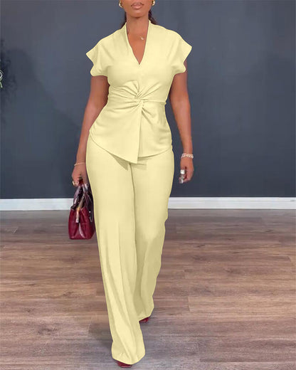 2 Pieces Outfit V-Neck Short Sleeve Twist Front Zipper Back Top and Straight Leg Pants Set Casual Commuting Set