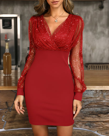 Glitter Sheer Mesh Spliced Overlap V-Neck Mesh Lantern Sleeve Mini Party Dress Ruched Zipper Back Slim Fit Evening Dress