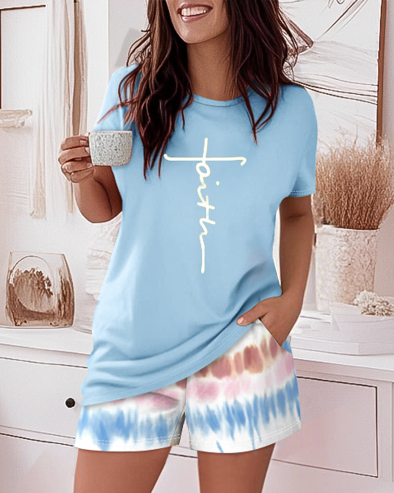 2 Pieces Outfit Graphic Pattern Short Sleeve Top and Casual Tie Dye Print Pants Set