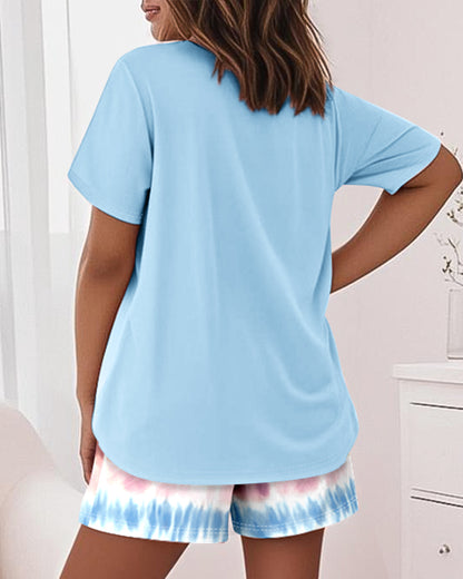2 Pieces Outfit Graphic Pattern Short Sleeve Top and Casual Tie Dye Print Pants Set