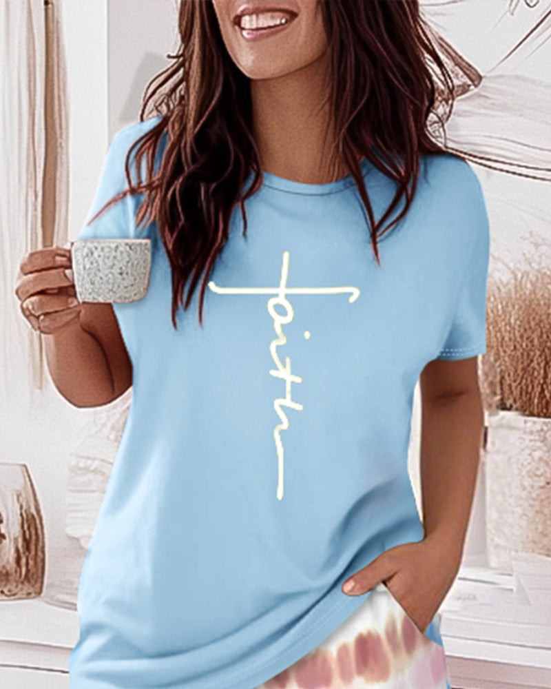 2 Pieces Outfit Graphic Pattern Short Sleeve Top and Casual Tie Dye Print Pants Set