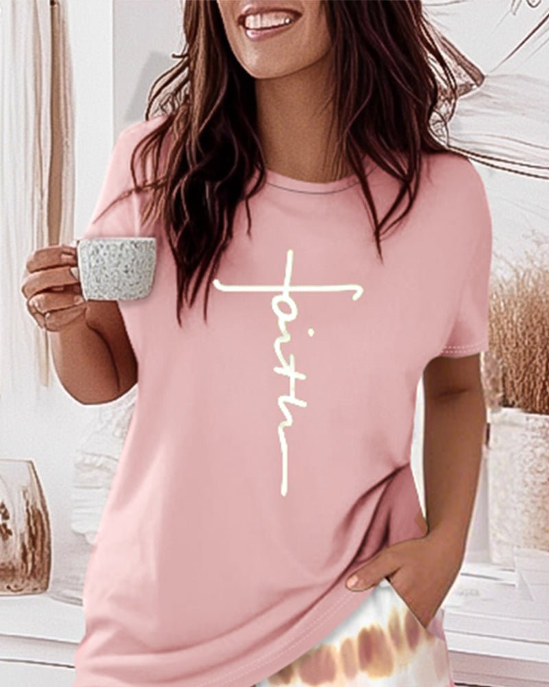 2 Pieces Outfit Graphic Pattern Short Sleeve Top and Casual Tie Dye Print Pants Set