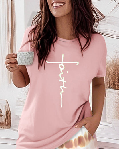 2 Pieces Outfit Graphic Pattern Short Sleeve Top and Casual Tie Dye Print Pants Set