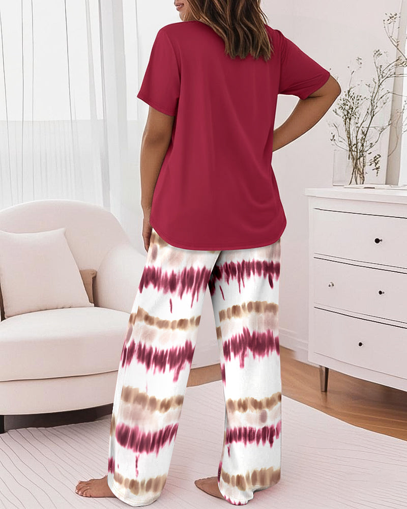 2 Pieces Outfit Letter Print Round Neck Short Sleeve Top And Tie Dye Print Elastic Waist Loose Fit Pants Set Casual Pajamas Set