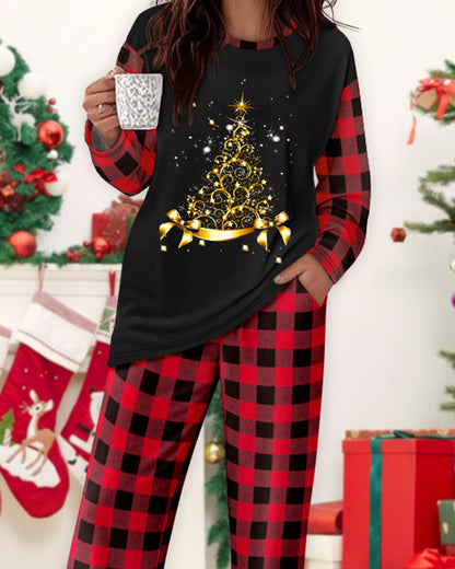 2 Pieces Outfit Christmas Tree Print Plaid Print Spliced Long Sleeve Top and Plaid Print Elastic Waist Pants Set Casual Pajamas Set