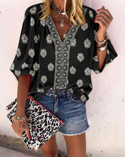 Vintage Baroque Placement Print V-Neck Lantern Sleeve Blouse Casual Long Sleeve Loose Fit Boho Top
