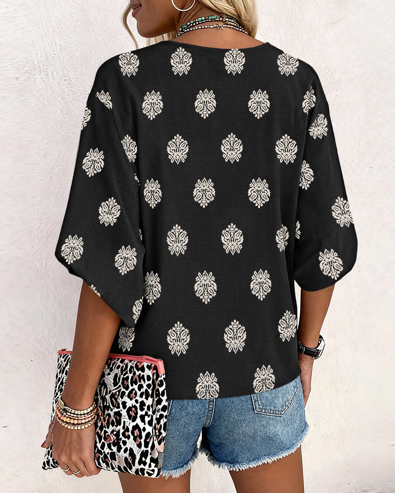 Vintage Baroque Placement Print V-Neck Lantern Sleeve Blouse Casual Long Sleeve Loose Fit Boho Top