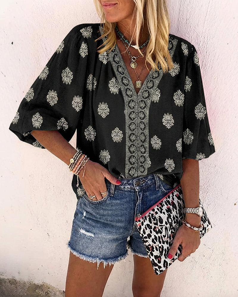 Vintage Baroque Placement Print V-Neck Lantern Sleeve Blouse Casual Long Sleeve Loose Fit Boho Top