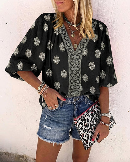 Vintage Baroque Placement Print V-Neck Lantern Sleeve Blouse Casual Long Sleeve Loose Fit Boho Top