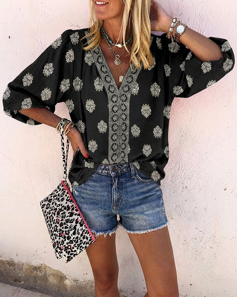 Vintage Baroque Placement Print V-Neck Lantern Sleeve Blouse Casual Long Sleeve Loose Fit Boho Top