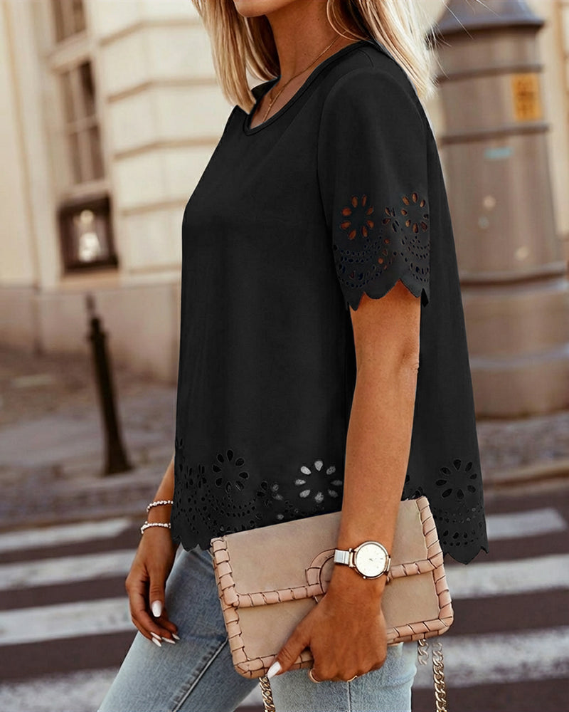 Round Neck Short Sleeve Eyelet Embroidery Tee Casual Scallop Trim Top