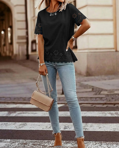 Round Neck Short Sleeve Eyelet Embroidery Tee Casual Scallop Trim Top