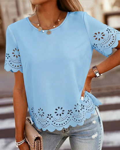 Round Neck Short Sleeve Eyelet Embroidery Tee Casual Scallop Trim Top