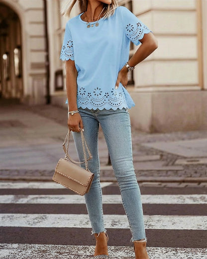 Round Neck Short Sleeve Eyelet Embroidery Tee Casual Scallop Trim Top
