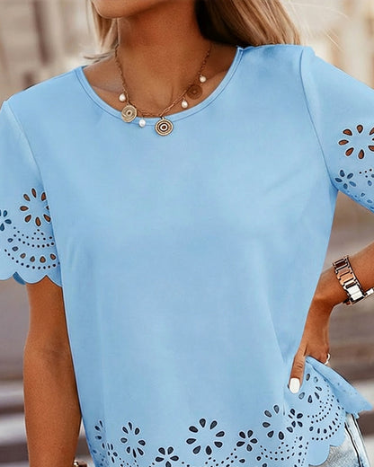 Round Neck Short Sleeve Eyelet Embroidery Tee Casual Scallop Trim Top