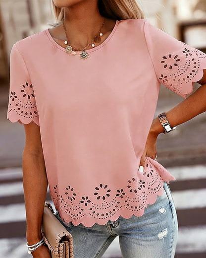 Round Neck Short Sleeve Eyelet Embroidery Tee Casual Scallop Trim Top