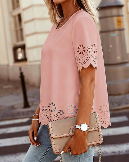 Round Neck Short Sleeve Eyelet Embroidery Tee Casual Scallop Trim Top