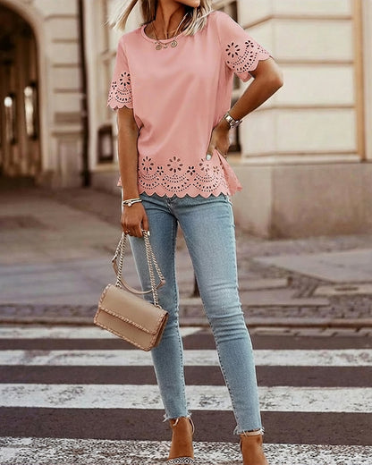 Round Neck Short Sleeve Eyelet Embroidery Tee Casual Scallop Trim Top