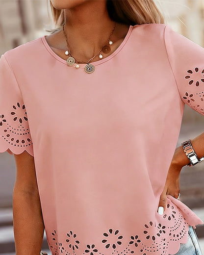 Round Neck Short Sleeve Eyelet Embroidery Tee Casual Scallop Trim Top
