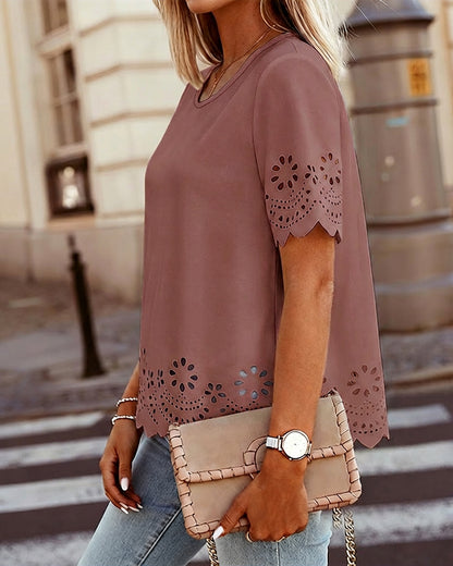 Round Neck Short Sleeve Eyelet Embroidery Tee Casual Scallop Trim Top