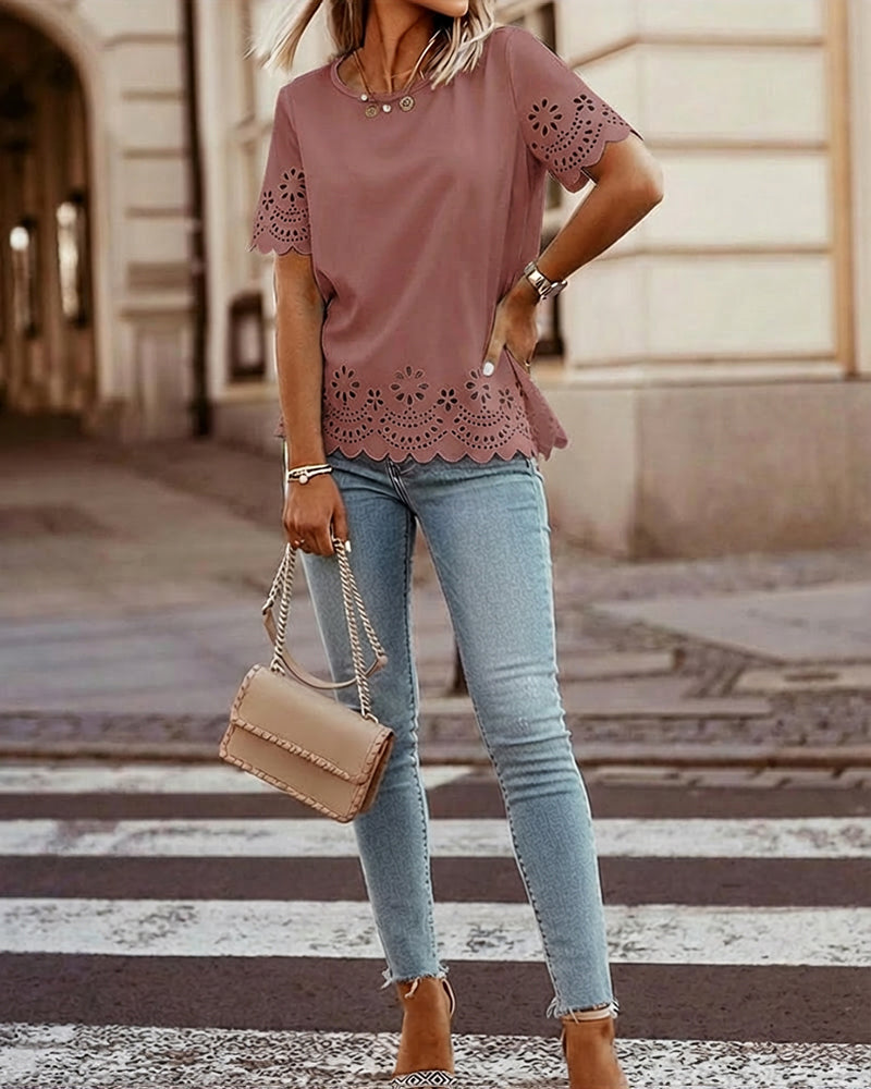 Round Neck Short Sleeve Eyelet Embroidery Tee Casual Scallop Trim Top