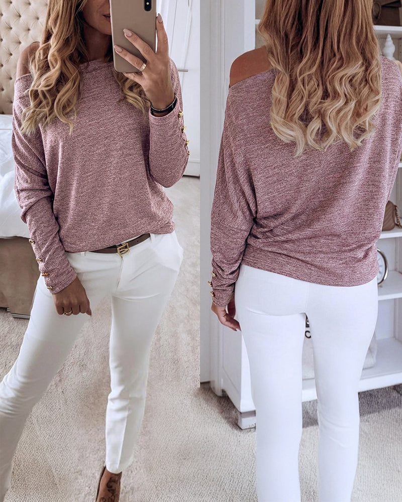 Women's Multi Way Neck Long Sleeve Top Gold Button Detail Casual Knit Tee