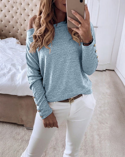 Women's Multi Way Neck Long Sleeve Top Gold Button Detail Casual Knit Tee