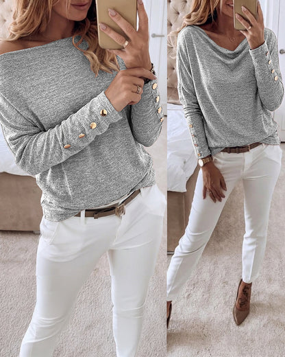Women's Multi Way Neck Long Sleeve Top Gold Button Detail Casual Knit Tee