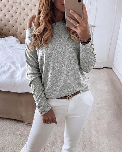 Women's Multi Way Neck Long Sleeve Top Gold Button Detail Casual Knit Tee