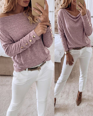 Women's Multi Way Neck Long Sleeve Top Gold Button Detail Casual Knit Tee