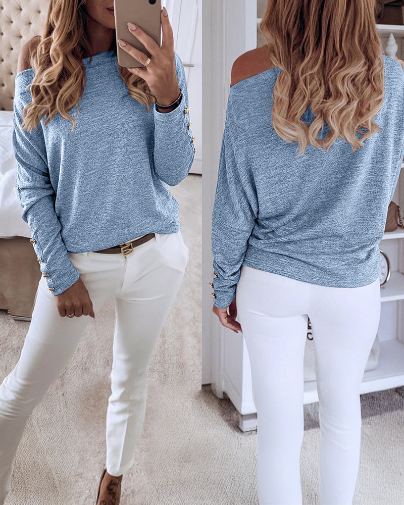 Women's Multi Way Neck Long Sleeve Top Gold Button Detail Casual Knit Tee