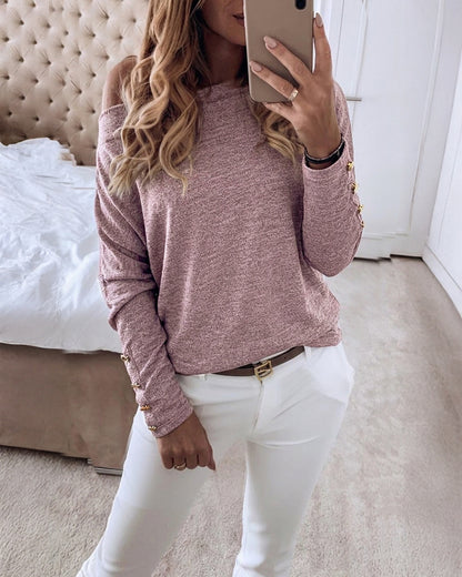 Women's Multi Way Neck Long Sleeve Top Gold Button Detail Casual Knit Tee
