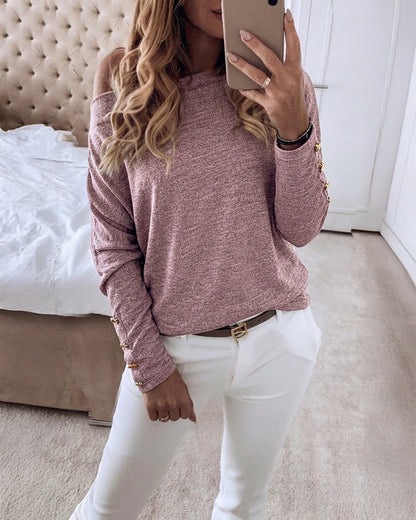 Women's Multi Way Neck Long Sleeve Top Gold Button Detail Casual Knit Tee
