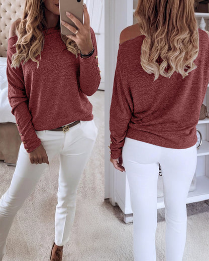 Women's Multi Way Neck Long Sleeve Top Gold Button Detail Casual Knit Tee