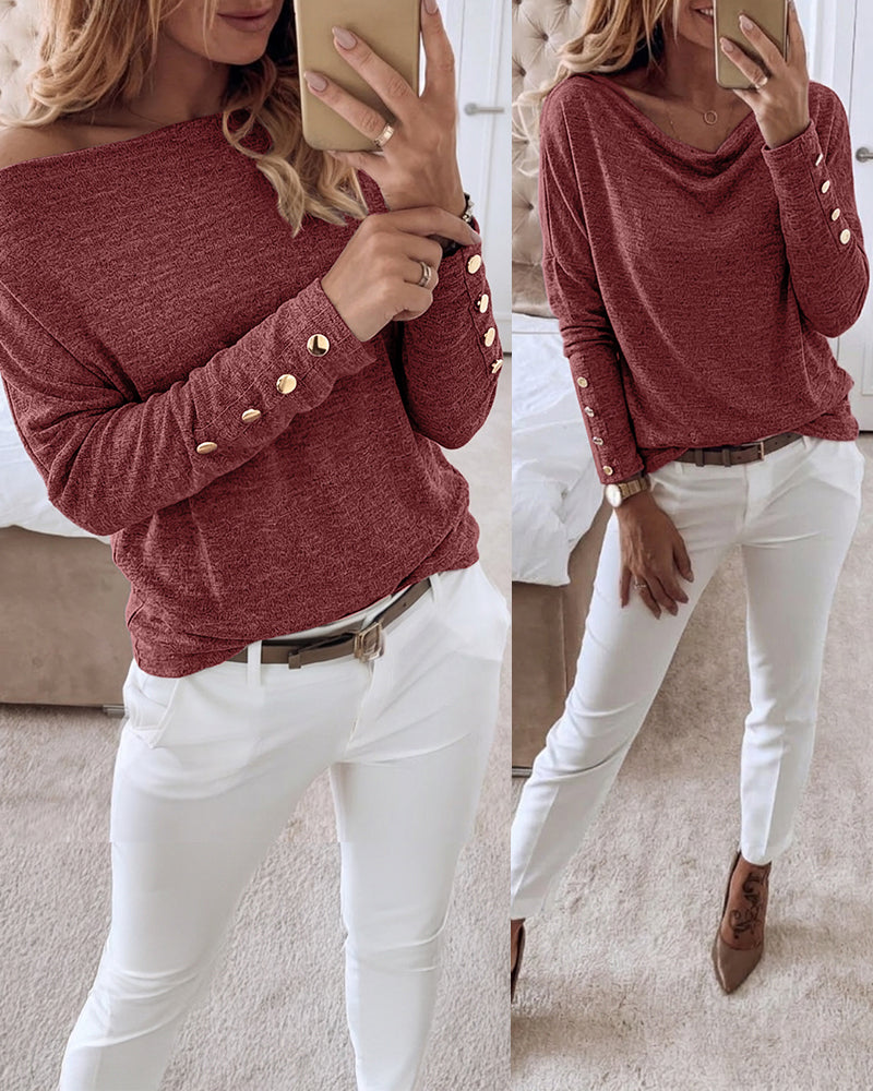 Women's Multi Way Neck Long Sleeve Top Gold Button Detail Casual Knit Tee