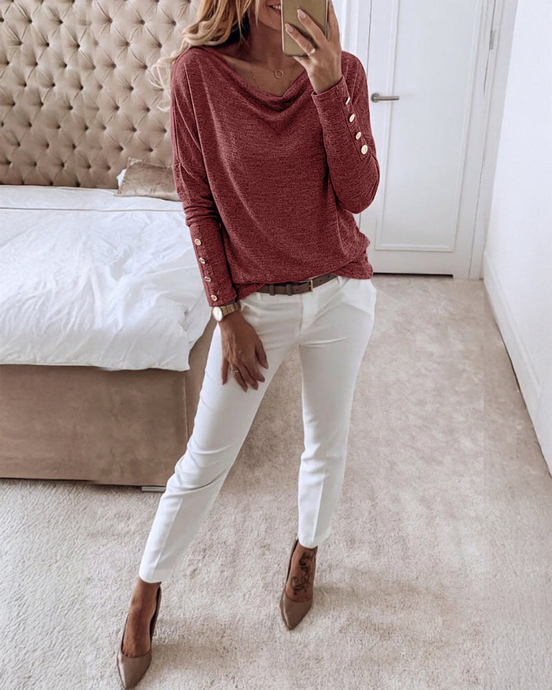 Women's Multi Way Neck Long Sleeve Top Gold Button Detail Casual Knit Tee
