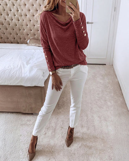 Women's Multi Way Neck Long Sleeve Top Gold Button Detail Casual Knit Tee