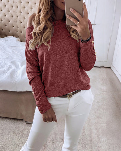 Women's Multi Way Neck Long Sleeve Top Gold Button Detail Casual Knit Tee