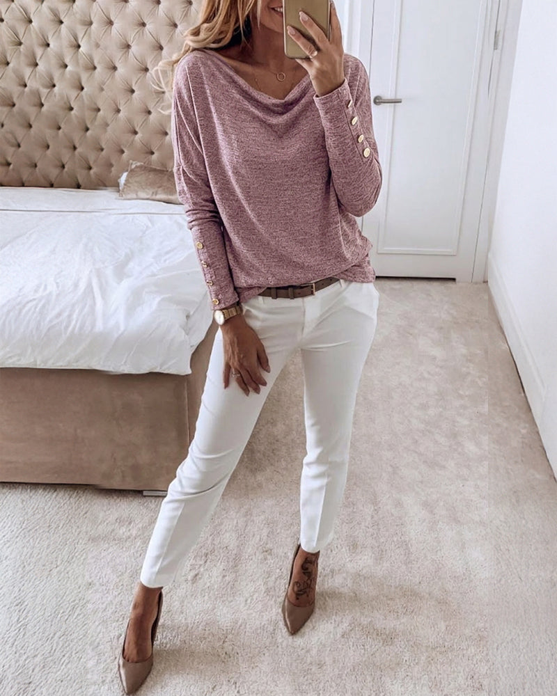 Women's Multi Way Neck Long Sleeve Top Gold Button Detail Casual Knit Tee
