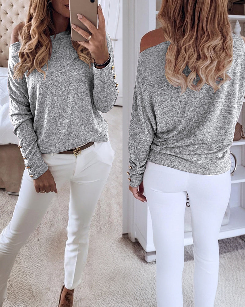 Women's Multi Way Neck Long Sleeve Top Gold Button Detail Casual Knit Tee