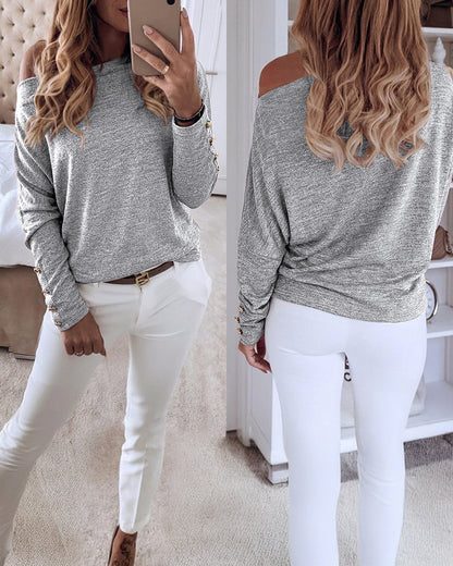 Women's Multi Way Neck Long Sleeve Top Gold Button Detail Casual Knit Tee