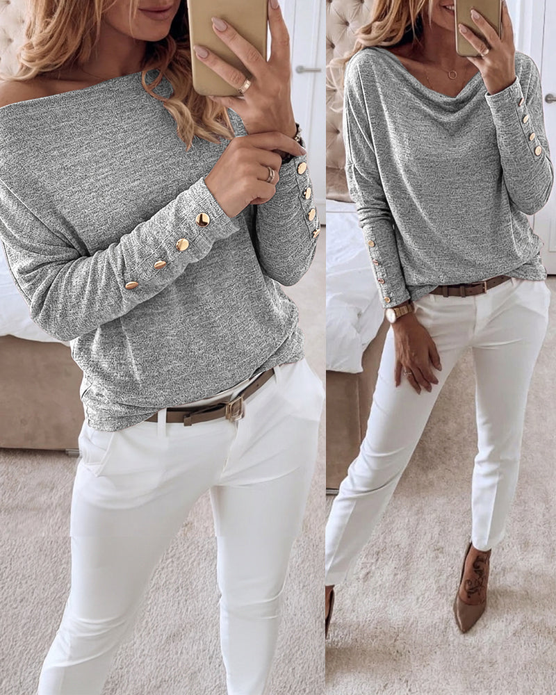 Women's Multi Way Neck Long Sleeve Top Gold Button Detail Casual Knit Tee