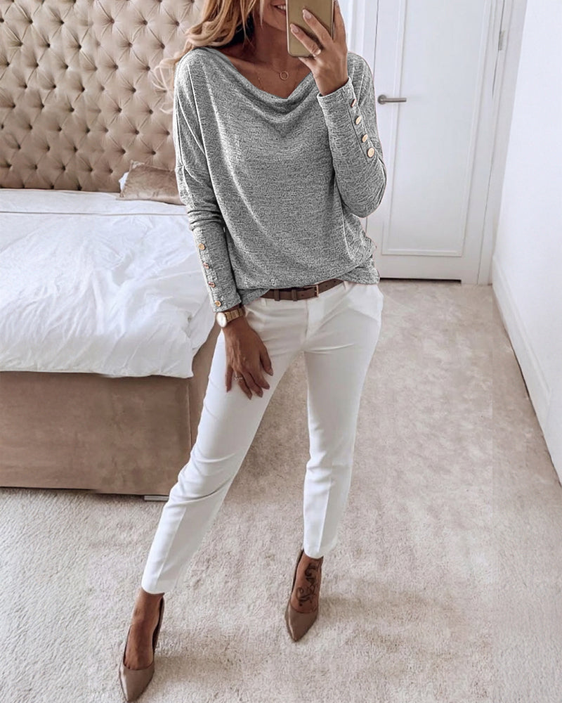 Women's Multi Way Neck Long Sleeve Top Gold Button Detail Casual Knit Tee
