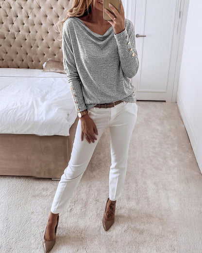 Women's Multi Way Neck Long Sleeve Top Gold Button Detail Casual Knit Tee