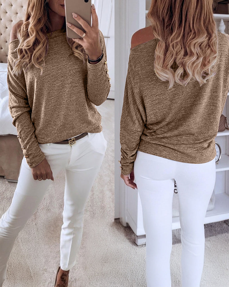 Women's Multi Way Neck Long Sleeve Top Gold Button Detail Casual Knit Tee