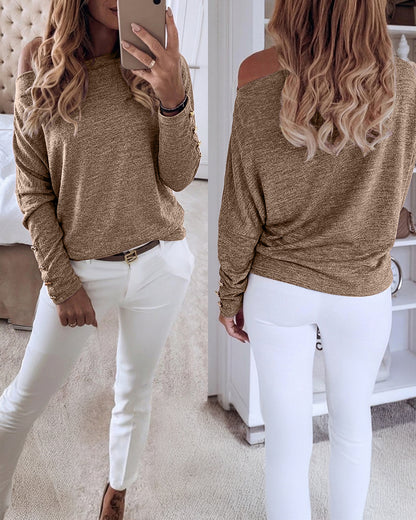 Women's Multi Way Neck Long Sleeve Top Gold Button Detail Casual Knit Tee