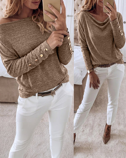 Women's Multi Way Neck Long Sleeve Top Gold Button Detail Casual Knit Tee