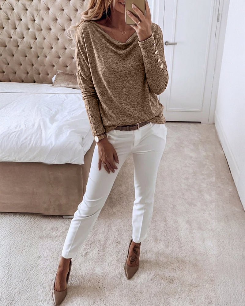 Women's Multi Way Neck Long Sleeve Top Gold Button Detail Casual Knit Tee