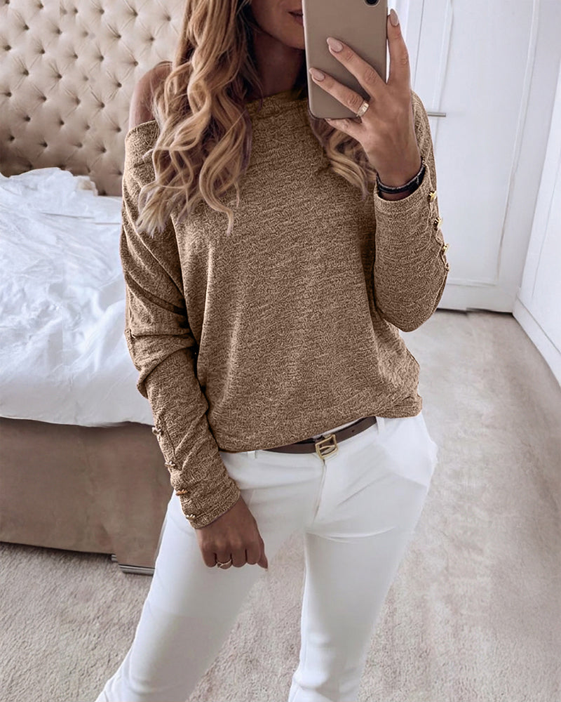 Women's Multi Way Neck Long Sleeve Top Gold Button Detail Casual Knit Tee